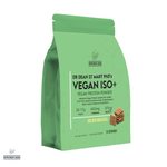 Green packaging of vegan protein powder with text and graphics
