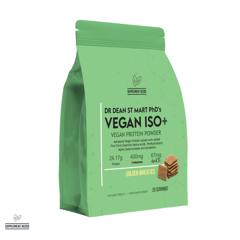 Green packaging of vegan protein powder with text and graphics