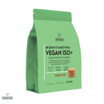 Green package of vegan protein powder with nutritional information on a white background