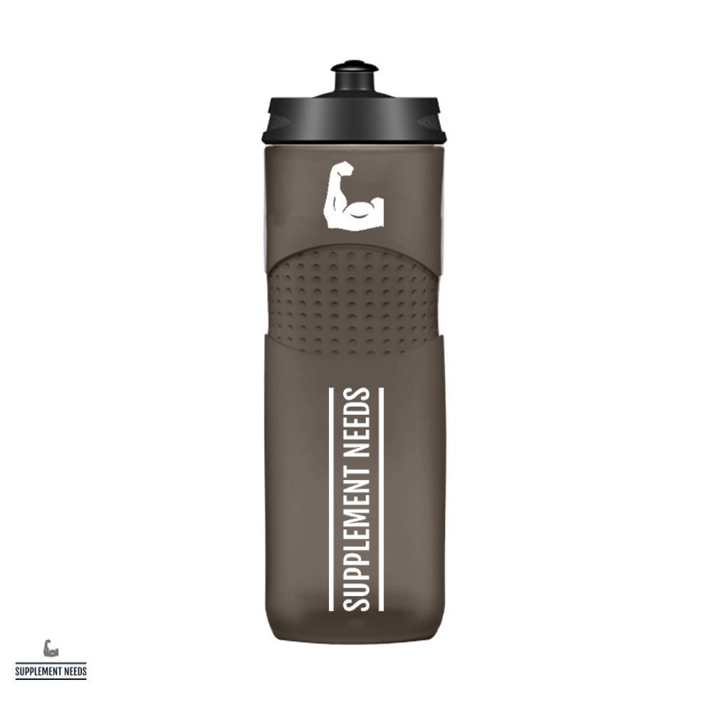 A black 750ml water bottle with the brand name 'Supplement Needs' printed on it.