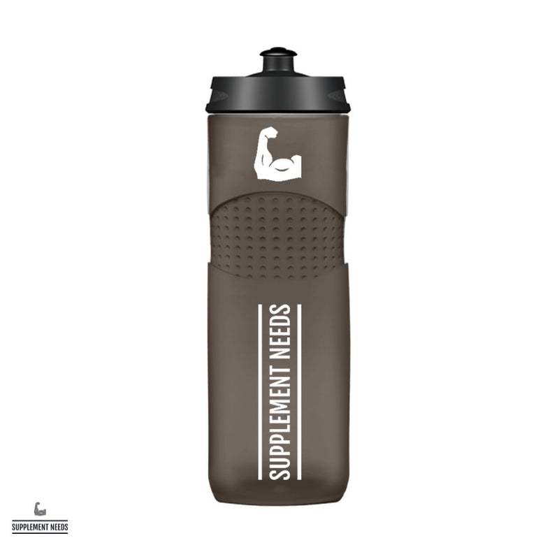 A black 750ml water bottle with the brand name 'Supplement Needs' printed on it.
