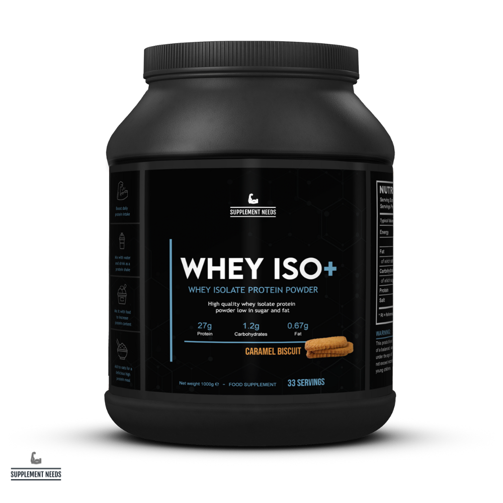 A black plastic jar of Supplement Needs Whey ISO+ protein powder in a caramel biscuit flavor, with a label showing the product name and the flavor, along with some nutritional information.