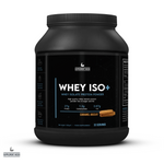 A black plastic jar of Supplement Needs Whey ISO+ protein powder in a caramel biscuit flavor, with a label showing the product name and the flavor, along with some nutritional information.