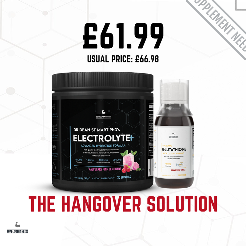 Supplement products with pricing and promotional text on a white background. Liposomal Glutathione and Electrolyte+ by Dr Dean St. Mart PhD Hangover solution alcohol