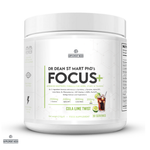 Supplement container labeled 'Dr. Dean St. Mart PhD's Focus+' with cola lime twist flavor on a white background.