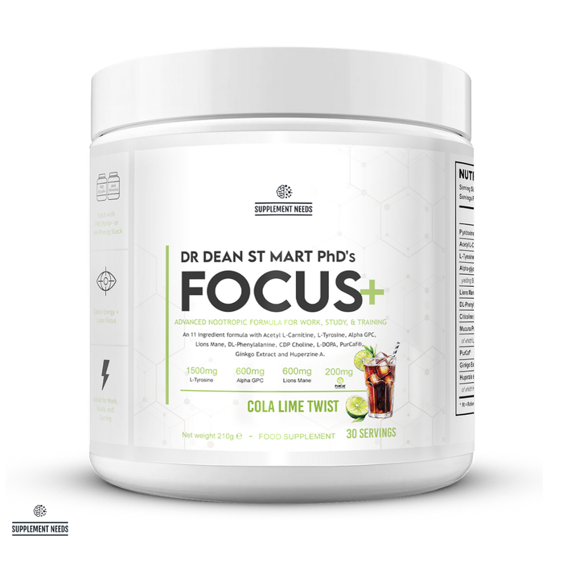 Supplement container labeled 'Dr. Dean St. Mart PhD's Focus+' with cola lime twist flavor on a white background.