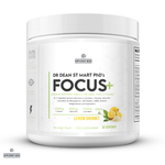 Supplement container labeled 'Dr. Dean St. Mart PhD's Focus+' with lemon sherbet flavor on a white background.