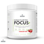 Supplement container labeled 'Dr. Dean St. Mart PhD's Focus+' with strawberry flavor on a white background