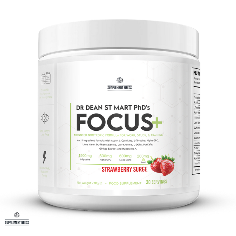 Supplement container labeled 'Dr. Dean St. Mart PhD's Focus+' with strawberry flavor on a white background
