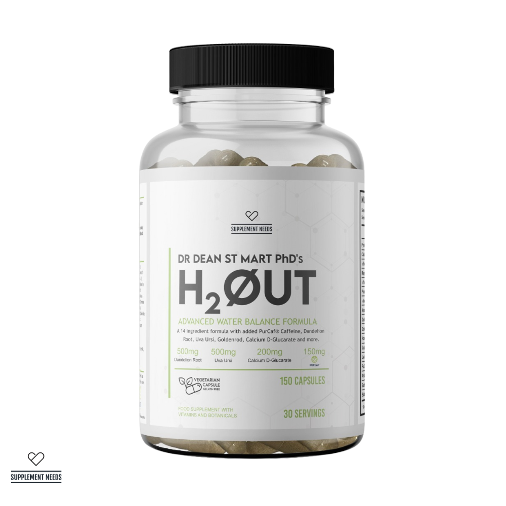 A bottle of Supplement Needs H2Out, with 150 capsules for water balance, in a white container with a label that includes the product name and the phrase 'Advanced Water Balance Formula'. The bottle is on a white background.