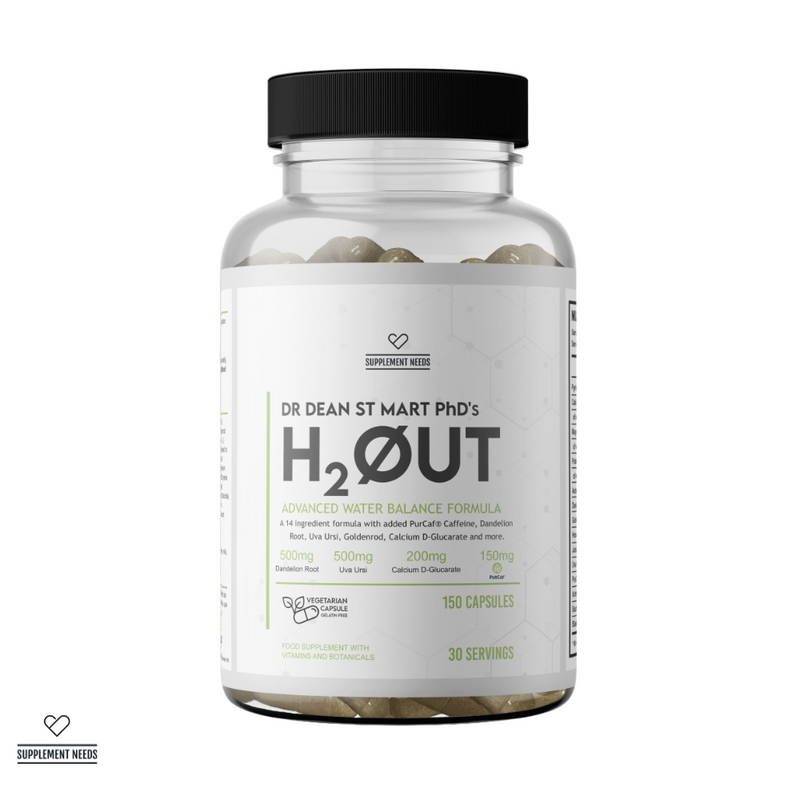 A bottle of Supplement Needs H2Out, with 150 capsules for water balance, in a white container with a label that includes the product name and the phrase 'Advanced Water Balance Formula'. The bottle is on a white background.