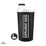 A black and white 700ml Supplement Needs shaker bottle with a screw-on lid and a logo on the front.