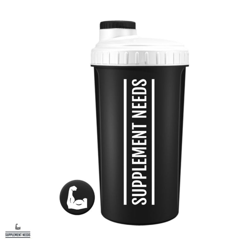 A black and white 700ml Supplement Needs shaker bottle with a screw-on lid and a logo on the front.