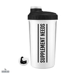 A black and white 700ml Supplement Needs shaker bottle with a screw-on lid and a logo on the front.