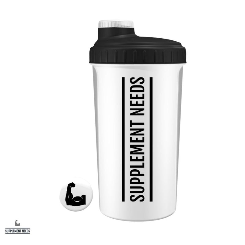 A black and white 700ml Supplement Needs shaker bottle with a screw-on lid and a logo on the front.