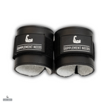 A pair of black Supplement Needs branded Sherpa lined cable cuffs designed for use in resistance training.