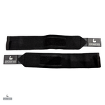 A pair of black wrist wraps with silicone SN branding, designed for weightlifting and functional training.