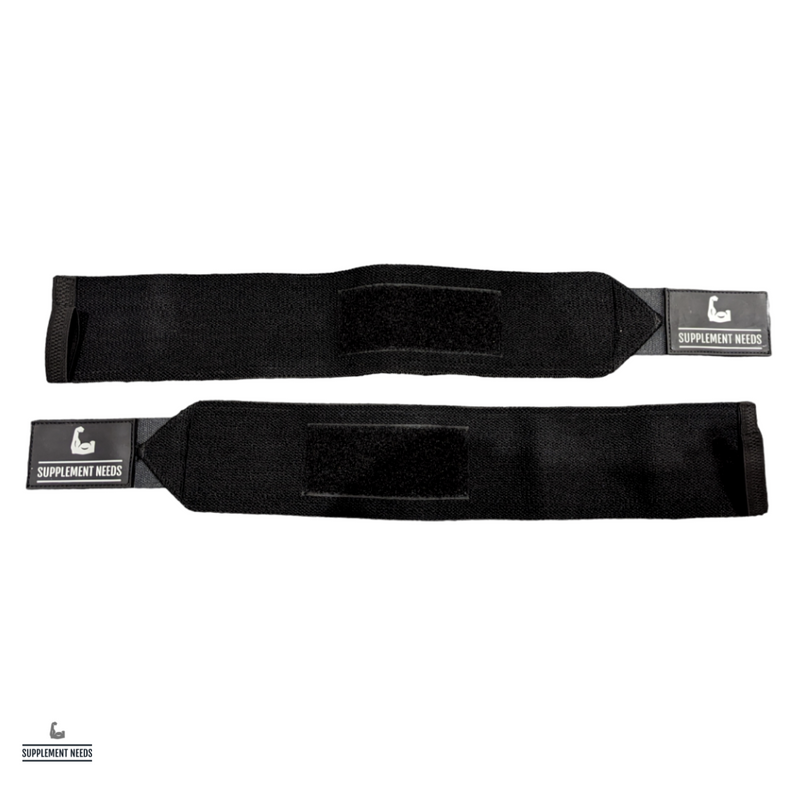 A pair of black wrist wraps with silicone SN branding, designed for weightlifting and functional training.