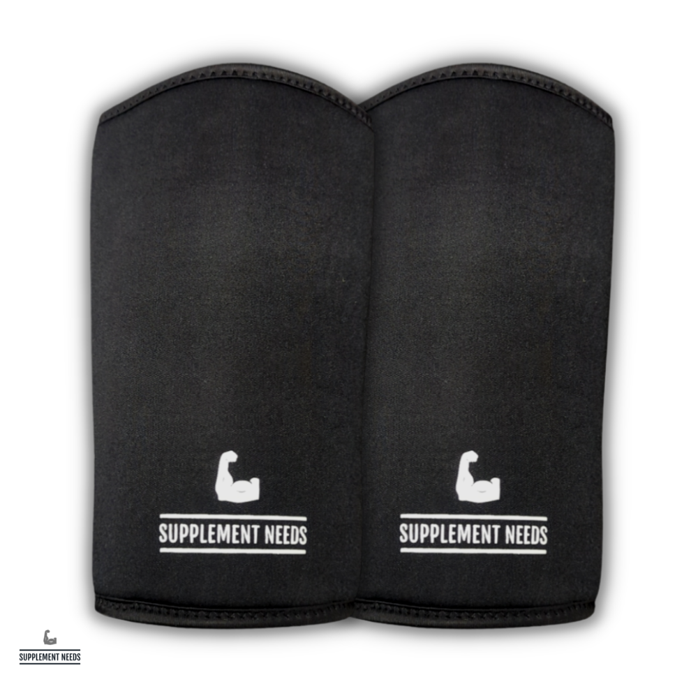 A pair of black neoprene knee sleeves with the brand name 'Supplement Needs' written in white font.