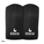 A pair of black neoprene knee sleeves with the brand name 'Supplement Needs' written in white font.