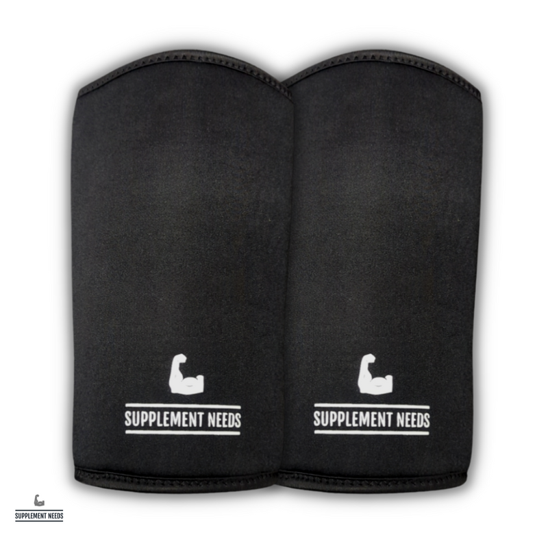 A pair of black neoprene knee sleeves with the brand name 'Supplement Needs' written in white font.