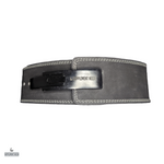 A black leather weightlifting belt with a metal lever and Supplement Needs embroidery logo.