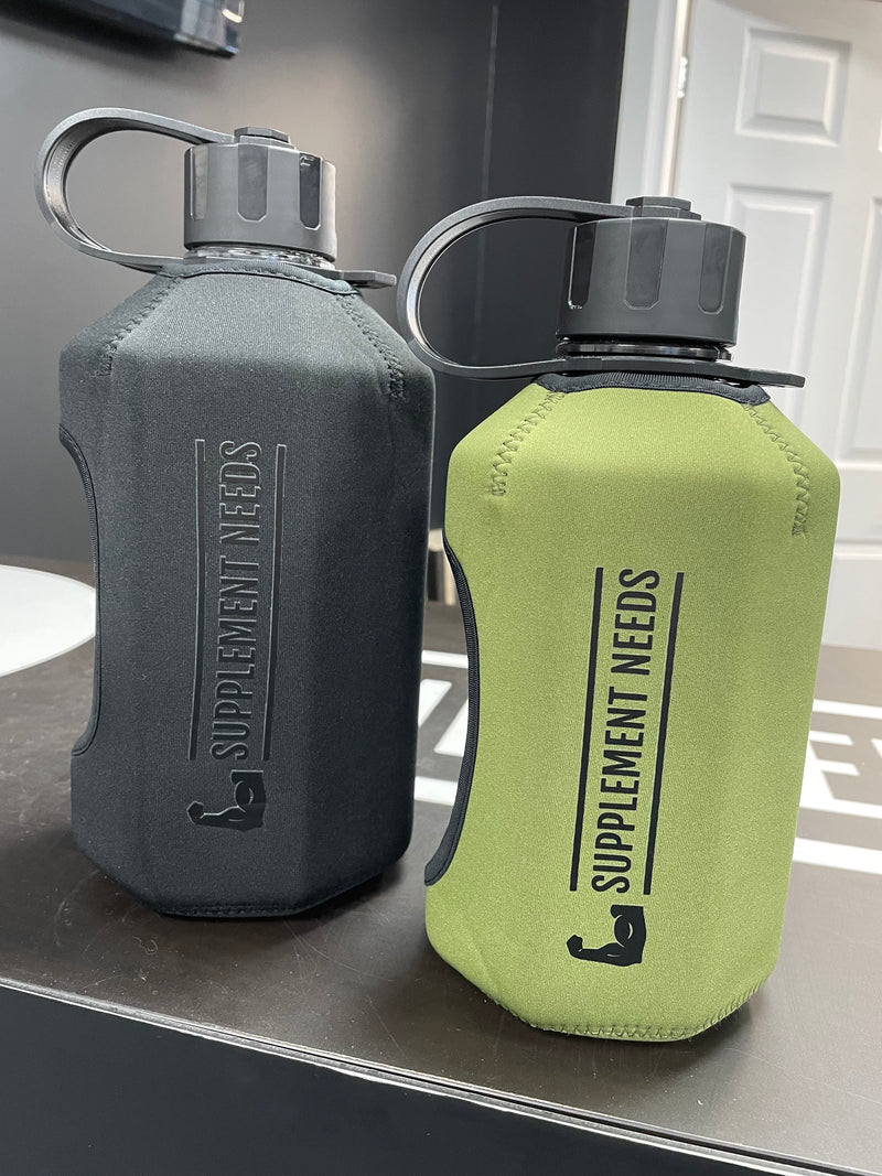 A neoprene protective bottle sleeve in with the text 'Supplement Needs' printed on it.