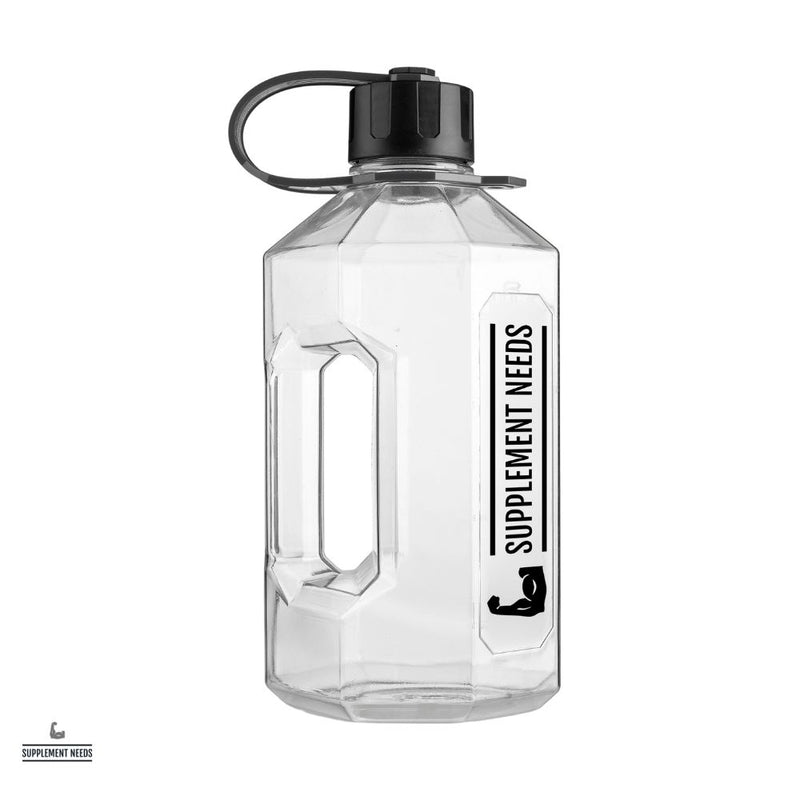 A clear plastic water jug with a black screw cap and carry handle, featuring the brand name 'Supplement Needs' printed on the side.