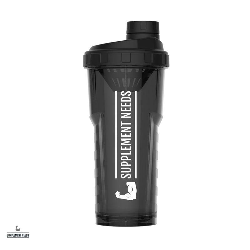 A black plastic shaker bottle with a lid and label reading 'Supplement Needs'.