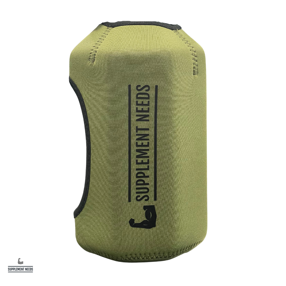 A neoprene protective bottle sleeve in green color with the text 'Supplement Needs' printed on it.