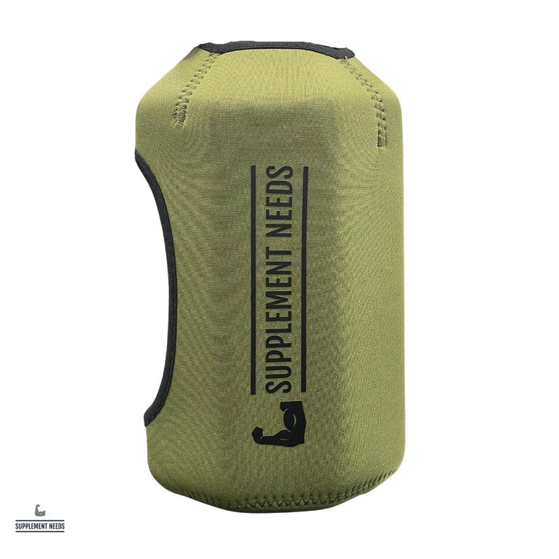 A neoprene protective bottle sleeve in green color with the text 'Supplement Needs' printed on it.